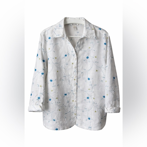 Sarah Spencer Tops - Sarah Spencer 100% Linen Embroidered Floral Button Front Shirt 2X White Blue